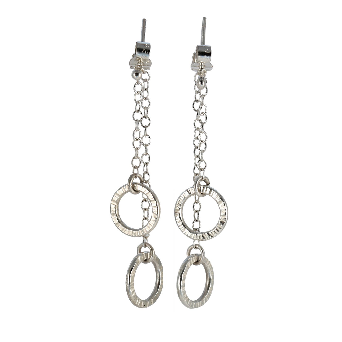 Double circle drop earrings in sterling silver with hand-textured rings suspended from fine chain.